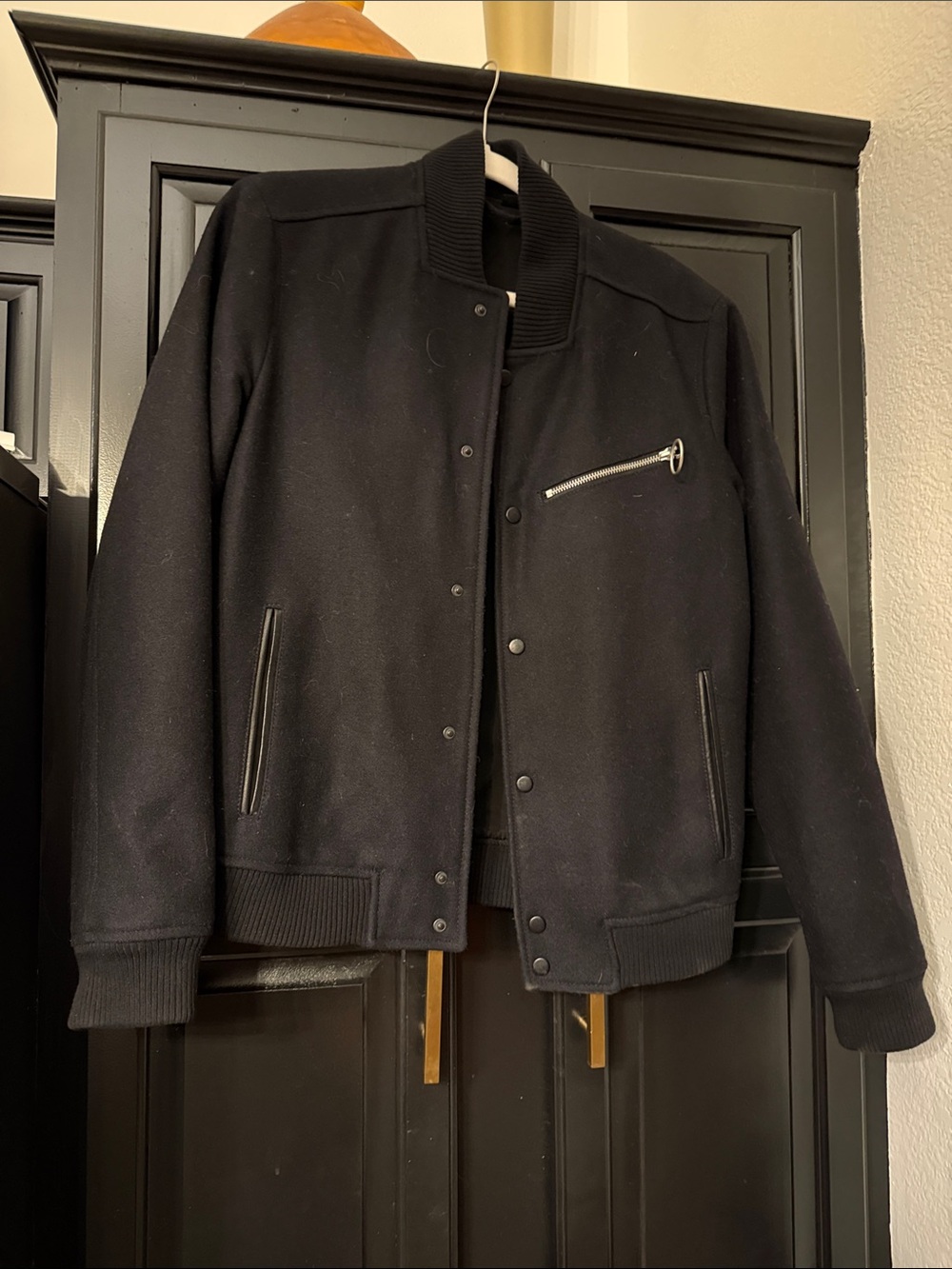 All Saints Black Wool Bomber Jacket with Zip Chest Pocket